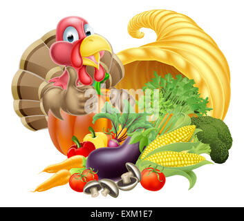 Thanksgiving goldenen Füllhorn Füllhorn voller Gemüse und Früchte zu produzieren, mit Cartoon Türkei Vogel Stockfoto