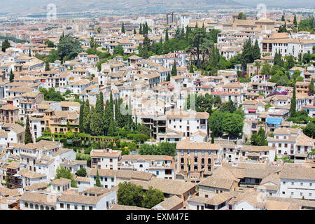 Granada - das Aussehen der Albaicín Viertel von Alhambra-Festung. Stockfoto