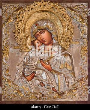 JERUSALEM, ISRAEL - 5. März 2015: Die Ikone der Madonna in der russischen orthodoxen Kirche des Heiligen von Magdalena unbekannten Künstlers Stockfoto