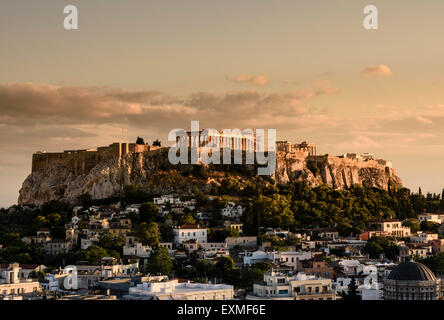 Sonnenuntergang über der Akropolis, Athen, Griechenland Stockfoto