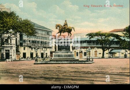 Alte Vintage 1900s Foto von König Edward VII, Prinz von Wales, auf schwarzem Pferd Statue jetzt Kala Ghoda; Bombay, Mumbai; Maharashtra; Indien, Asien Stockfoto