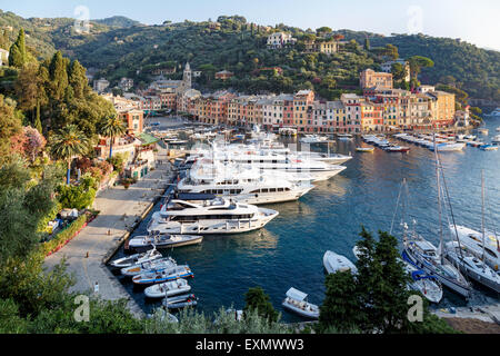 Luxus-Yachten vor Anker im Hafen von Portofino, einem beliebten mediterranen Ferienort an der ligurischen Küste in Italien Stockfoto