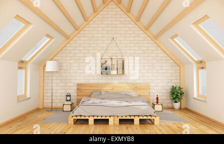 Schlafzimmer im Dachgeschoss mit Palette Bett und Holzkiste auf Brick Wand - 3D Rendering Stockfoto