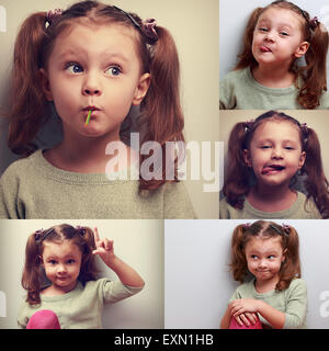 Lustige Collage (Sammlung) von glückliches Kind Mädchen mit Humor verschiedene Emotionen. Zeigt Zunge, saugen die Süßigkeiten Stockfoto