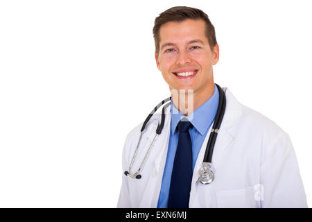 überzeugt junge Arzt auf weißem Hintergrund Stockfoto