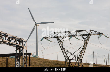 Pylone mit Strom aus Rheidol Wasserkraftwerk und Windkraftanlagen im Windpark Rheidol, Turbine, Power, Powys, Wales Stockfoto