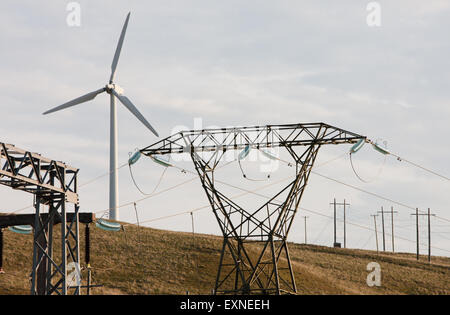 Pylone mit Strom aus Rheidol Wasserkraftwerk und Windkraftanlagen im Windpark Rheidol, Turbine, Power, Powys, Wales Stockfoto