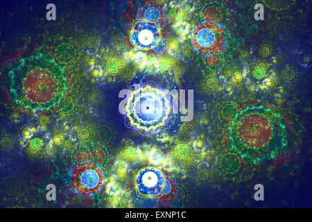 Fabelhafte Muster von bunten Blumen im Garten des dunkel-blau auf der Grundlage. Fraktale Kunst Grafik. Das Julia-Fraktal Stockfoto