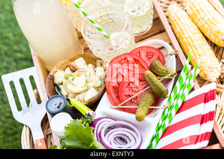 Kleine Sommer-Picknick mit Limonade und Hamburger in den Park. Stockfoto