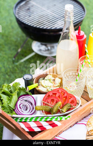 Kleine Sommer-Picknick mit Limonade und Hamburger in den Park. Stockfoto