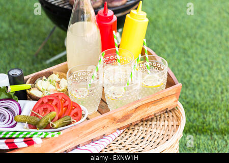 Kleine Sommer-Picknick mit Limonade und Hamburger in den Park. Stockfoto