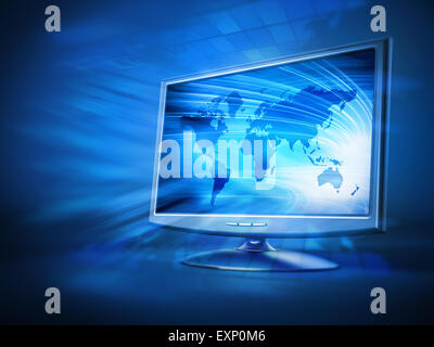 Computer-Monitor mit blauen Erde Hintergrund auf dem Bildschirm ansehen auf blauem Hintergrund Stockfoto