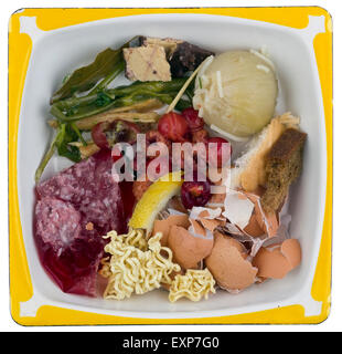 Verschwendung von Lebensmitteln und Botschaften im Quadrat Metall emailliert Platte. Isoliert Stockfoto