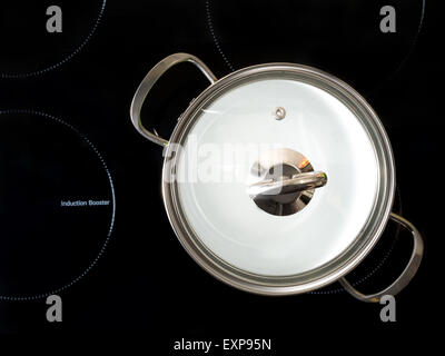 Schmortopf auf schwarzen Induktionsherd erschossen von oben Stockfoto
