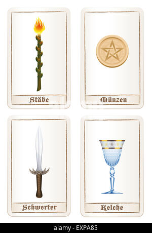 Tarot Karte Farben oder Elemente - Zauberstäbe, Pentakel-Anzug, Anzug von Schwertern und Anzug Tassen zu entsprechen. DEUTSCHE BESCHRIFTUNG! Stockfoto