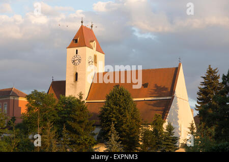 Tauben fliegen bei Sonnenuntergang über dem Uhrenturm der Sankt Pankratius Kirche in Lengenfeld, Niederösterreich Stockfoto