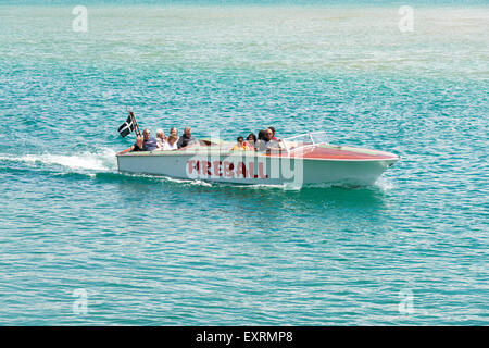 Der Feuerball Schnellboot mit Touristen auf einer high-Speed-Reise rund um die Bucht an der River Camel Mündung Padstow Cornwall UK Stockfoto