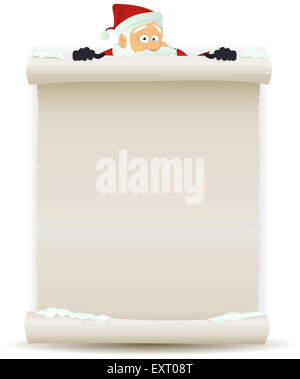 Abbildung eines Zeichentrickfilms Santa Claus Figur zeigt weißes Pergament melden für Weihnachtsferien und Kinder Geschenk-Liste Stockfoto
