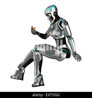 Digitale 3D Rendern eines weiblichen Cyborg mit einem Schmetterling in der Hand isoliert auf weißem Hintergrund Stockfoto