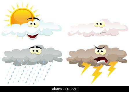 Abbildung einer Reihe von verschiedenen lustigen Wetter Symbol Symbole Zeichentrickfiguren mit leuchtenden Wolken Zeichen, Sonne, Regen Stockfoto