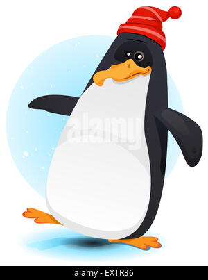 Beispiel für eine lustige Comicfigur kleine glückliche Pinguin mit roter Kappe gehen auf Winter Packeis Stockfoto