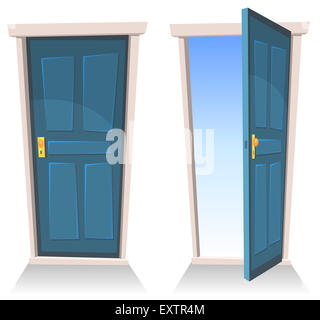 Abbildung einer Reihe von Cartoon-Haustüren mit Himmelshintergrund, als Symbol für Tod Grenze geöffnet und geschlossen Stockfoto