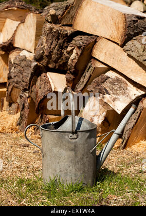 Ein Metall Gießkanne neben einem Haufen von gehackten Protokolle Stockfoto