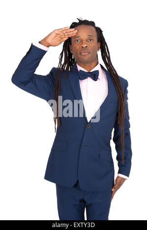 Gut aussehender Mann mit Dreadlocks machen verschiedene Ausdrücke in verschiedenen Arten von Kleidung: stramm Stockfoto