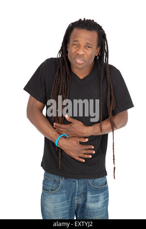 Gut aussehender Mann mit Dreadlocks machen verschiedene Ausdrücke in verschiedenen Arten von Kleidung: Magenschmerzen Stockfoto
