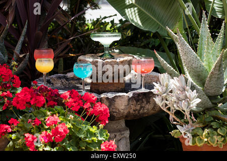 Verschiedene farbige Margarita Getränke auf einem geschmückten Brunnen Stockfoto