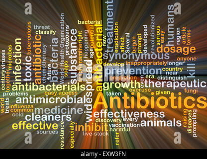 Hintergrund-Konzept Wordcloud Illustration von Antibiotika leuchtenden Licht Stockfoto