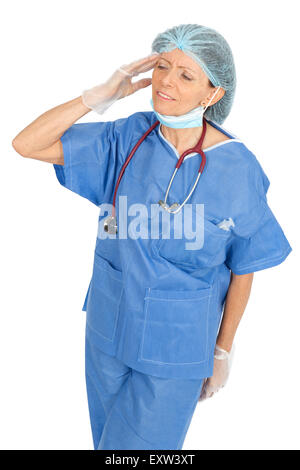 Schöne Arzt tun, verschiedene Ausdrücke in verschiedenen Arten von Kleidung: Kopfschmerzen Stockfoto