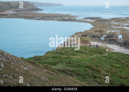 Geologie, rockt am Damm über nach Worms Head,Gower.Rhossilli,Bay,beach,Gower,Wales,causeway, Stockfoto