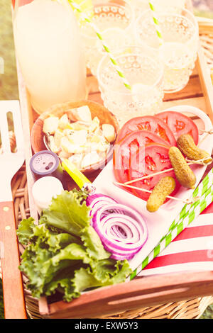 Kleine Sommer-Picknick mit Limonade und Hamburger in den Park. Stockfoto