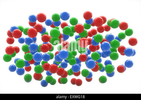 Rote Kugeln grün und blau auf einem weißen Hintergrund schweben. Ein 3D Rendering. Stockfoto