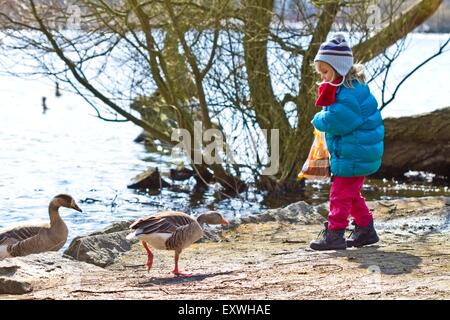 Mädchen, die Enten im Winter füttern Stockfoto