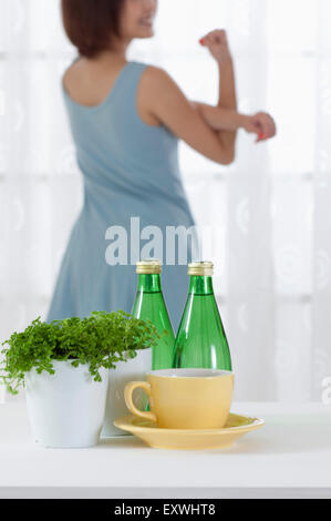 Nahaufnahme von Topfpflanzen, eine Tasse und zwei Flaschen Wasser, Stockfoto
