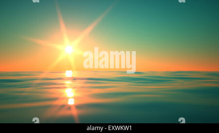 Sonnenaufgang über dem ruhigen Meer mit sanft plätschernden Wellen. Ein 3D Rendering. Stockfoto