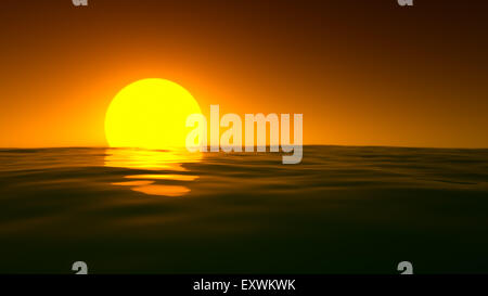 Eine Nahaufnahme von den tief orange Sonnenuntergang über die sanft plätschernden Wellen des Meeres Stockfoto