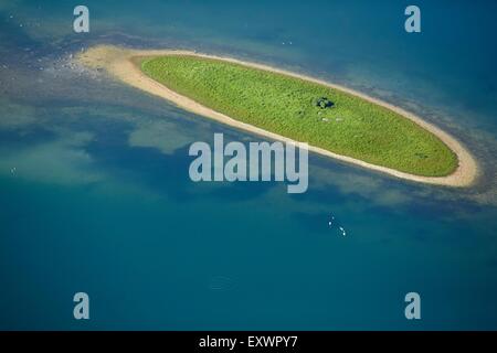 Kleine Insel in einem Teich in der Nähe von Bodensee, Baden-Württemberg, Deutschland, Luftbild Stockfoto