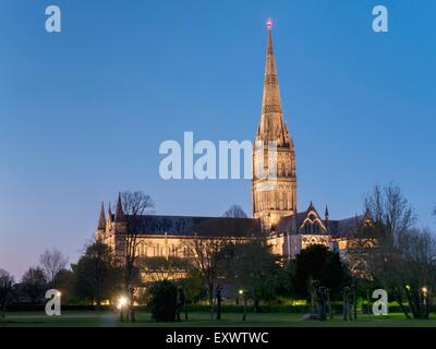 Salisbury Kathedrale bei Nacht, Wiltshire, England, UK Stockfoto