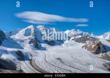 Bernina Alpen mit Bellavista, Piz Palü und Persgletscher, Kanton Graubündens, der Schweiz, Europa Stockfoto