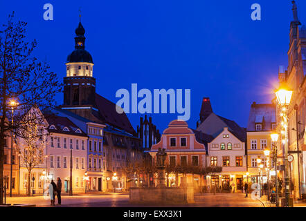 Altmarkt und St.-Nikolai-Kirche, die nachts beleuchtet Stockfoto