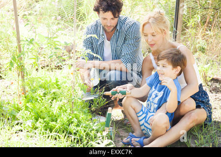 Eltern lehren kleiner Junge wie Garten Stockfoto