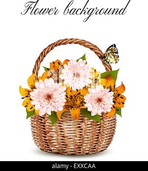 Sommer Hintergrund. Korb voller Blumen und ein Schmetterling. Vektor. Stock Vektor