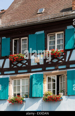 Typisches Fachwerkhaus in La Petite Venise oder klein-Venedig Viertel in der Altstadt von Colmar, Elsass, Frankreich, Europa Stockfoto