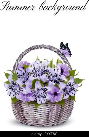 Urlaub Hintergrund mit Korb voller Schönheit Blumen. Vektor. Stock Vektor