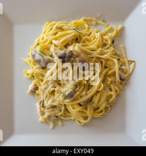 Auf dem Bild einen Teller Pasta (Tagliolini) mit Sahne und Pilzen (Steinpilze). Stockfoto