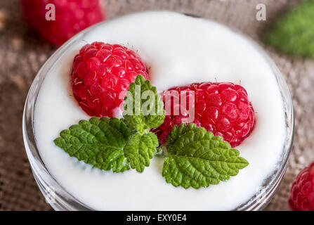 Portion Joghurt mit ganzen frischen Himbeeren und Melisse. Closeup Details. Stockfoto