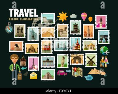 Reisen, Reise. Symbole festgelegt. Briefmarken Darstellung historischen Architektur in der Welt. Vektor-illustration Stock Vektor